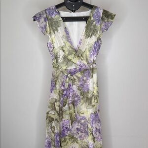White House Black Market Floral Wrap Midi Dress in Purple and Green
